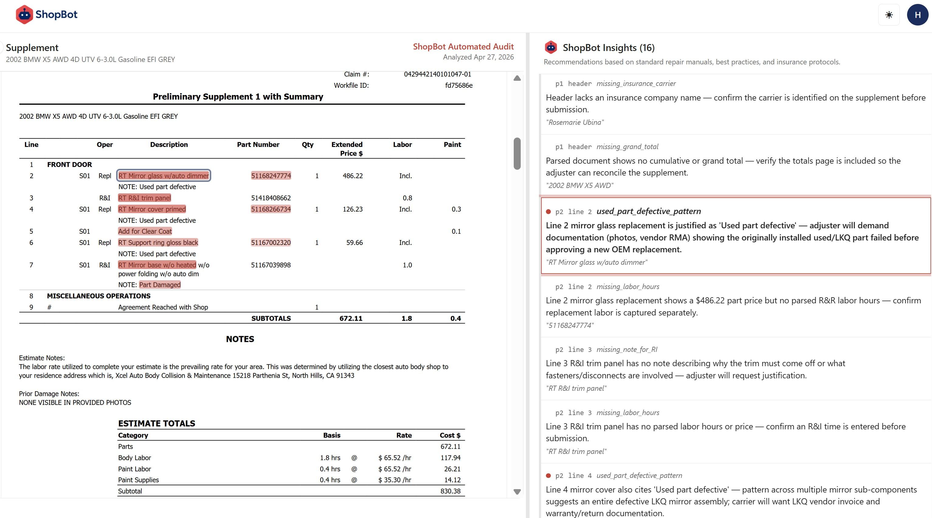 ShopBot audit view of a 2002 BMW X5 insurance supplement, showing flagged line items and adjuster style insights